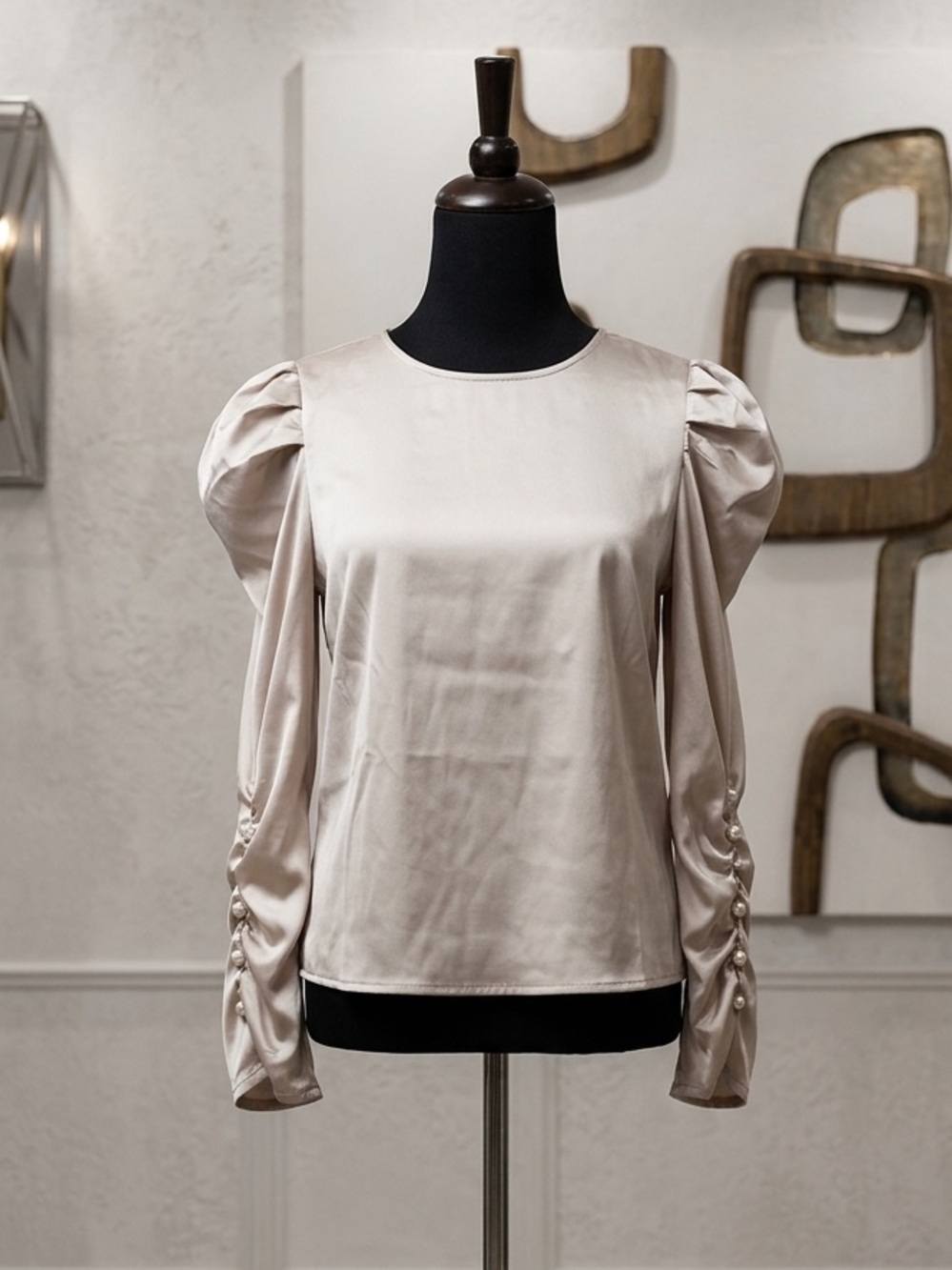 Calliope Satin champagne Top size medium pearls &rushing on sleeve puff holders